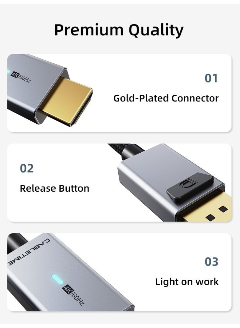 CABLETIME DISPLAYPORT TO HDMI CABLE MALE TO MALE 4K 60HZ UHD VIDEO CORD, DP TO HDMI ADAPTER CABLE FOR PC LAPTOP MONITOR TV PROJECTOR, HIGH SPEED AUDIO VIDEO SUPPORT, PLUG AND PLAY - Image 3